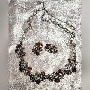 Vintage Red & Clear Rhinestone In A Beautiful Necklace & Clip Earring Set